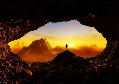 Man in Cave at Sunset