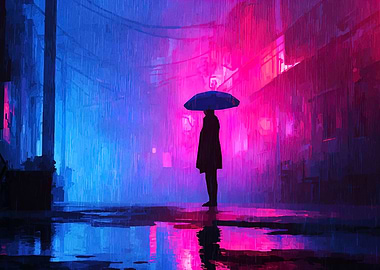 Rainy Cityscape with Figure and Umbrella