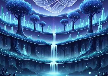 Neon Blue Fantasy Landscape with Waterfall