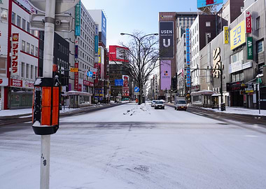 Snowy street in Sapporo, Japan
