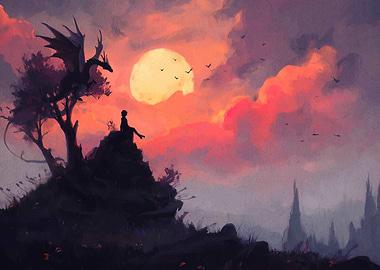 Dragon, Silhouette, and Sunset Fantasy Art