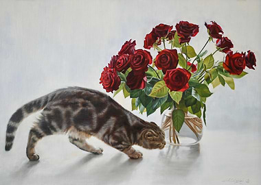 Cat and Roses Still Life Painting