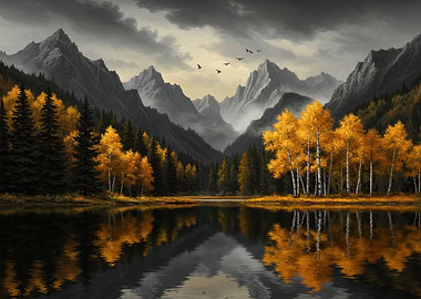 Autumn Lake Mountain Landscape Painting