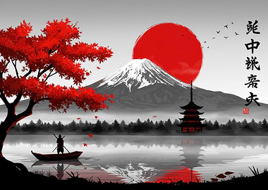 Japanese Landscape with Mount Fuji and Samurai