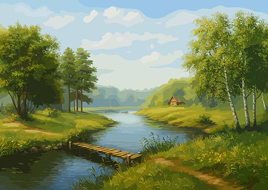 Serene River Landscape with Wooden Bridge