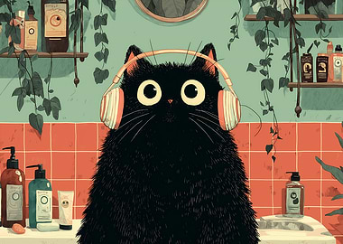 Black Cat with Headphones in Bathroom