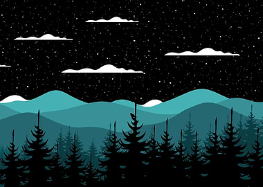 Night landscape with mountains and trees