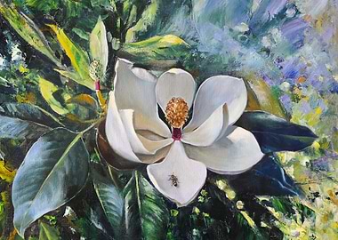 Magnolia Blossom Painting with Bee