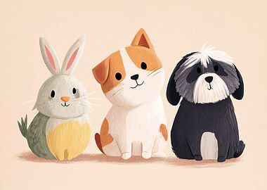 Cute Cartoon Animals: Rabbit, Cat, Dog