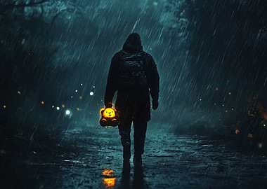 Hooded Figure with Glowing Teddy Bear