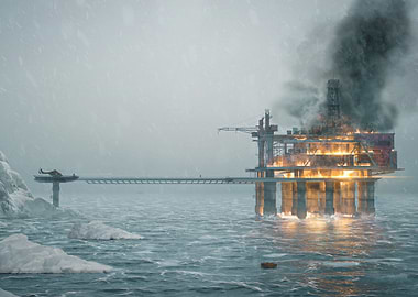 Burning Oil Rig in the Atlantic Ocean