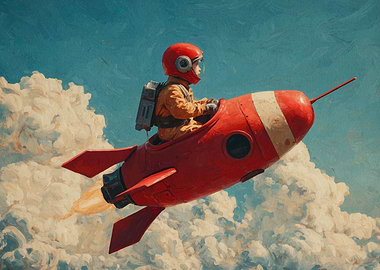 Boy Astronaut Riding Red Rocket
