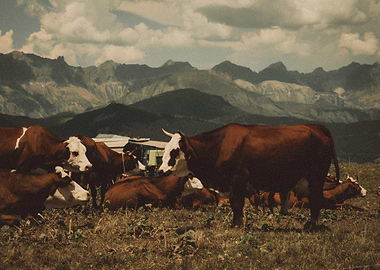 Cows Grazing in Mountain Pasture