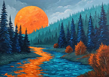 Orange Moon Over Forest River Painting