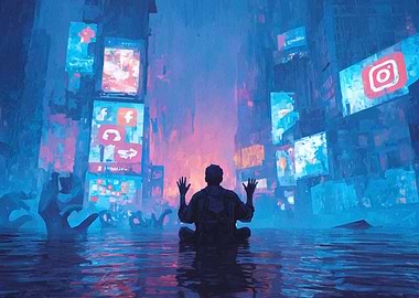 Social Media Meditation in Cyberpunk City