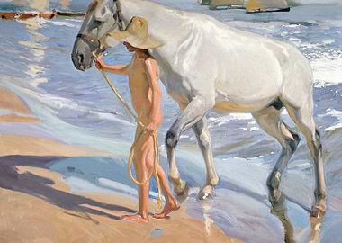 Boy and White Horse on Beach