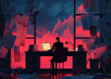 Overworked man in office during storm