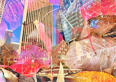 Autumn Cityscape with Leaf Overlay