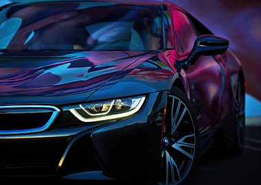 Sleek Black Car with Colorful Reflections