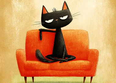 Grumpy Black Cat on Orange Couch