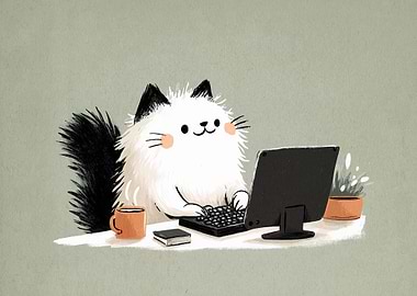 Cat Working on Computer Illustration