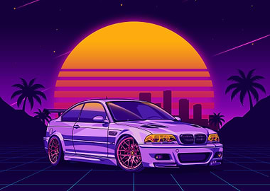 BMW E46 M3 Retro Car Illustration with Sunset