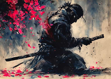 Samurai in contemplation with cherry blossoms