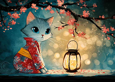 Cat in Kimono with Lantern