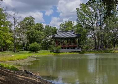 Korean Temple by Lake – Tranquil Asian Landscape Wall Art