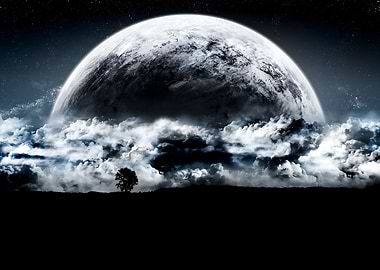 Dramatic Moonscape with Clouds and Tree
