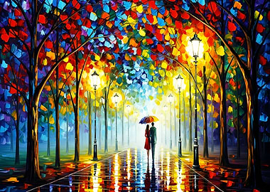 Colorful Rainy Park Romance Painting