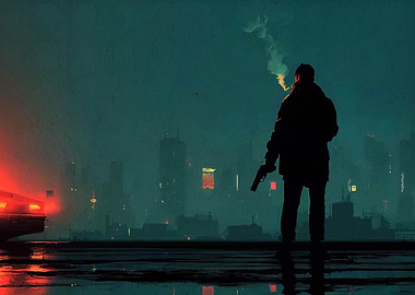 Cyberpunk Cityscape with Armed Figure