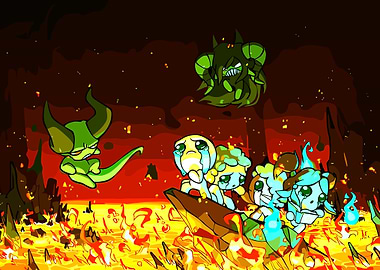 Cartoon Demons in Hellish Landscape