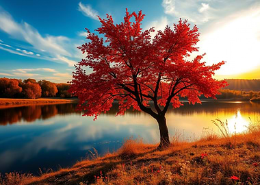 Autumn Tree by Lake at Sunset