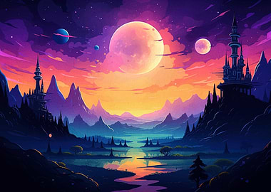 Fantasy Landscape with Castles and Moons