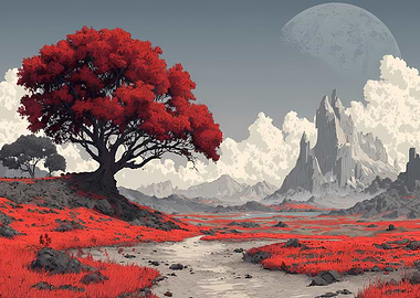 Red Tree Landscape with Mountains
