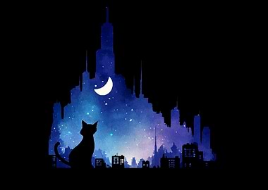 Cat Silhouette Cityscape Under Crescent Moon