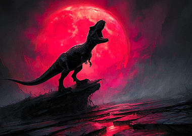 Tyrannosaurus Rex Roaring Under Red Moon