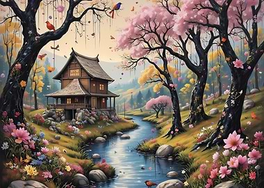 Japanese House by River with Cherry Blossoms