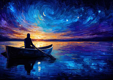 Rowboat under starry night painting