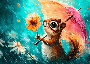 Squirrel with Flower and Umbrella in Rain