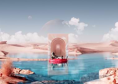 Astronaut Relaxing on Alien Planet Lake