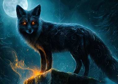 Mystical Black Fox Under Moonlight