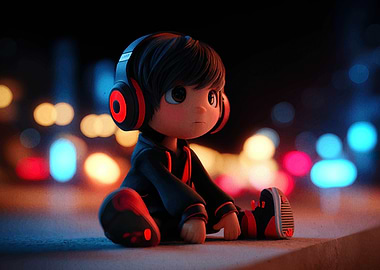 Cartoon Boy with Headphones at Night