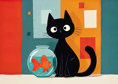 Black Cat and Goldfish Illustration