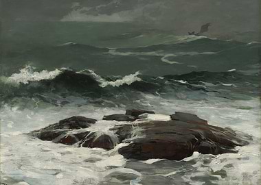 Seascape Painting with Rocks and Waves