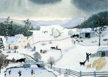 Winter Village Scene Painting, grandma moses painting