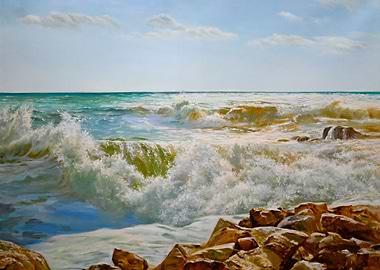 Ocean Waves Crashing on Rocky Shore