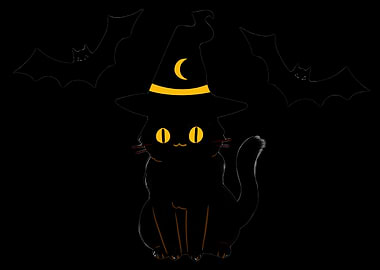 Halloween Black Cat with Witch Hat