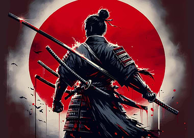 Samurai Warrior with Swords and Red Sun